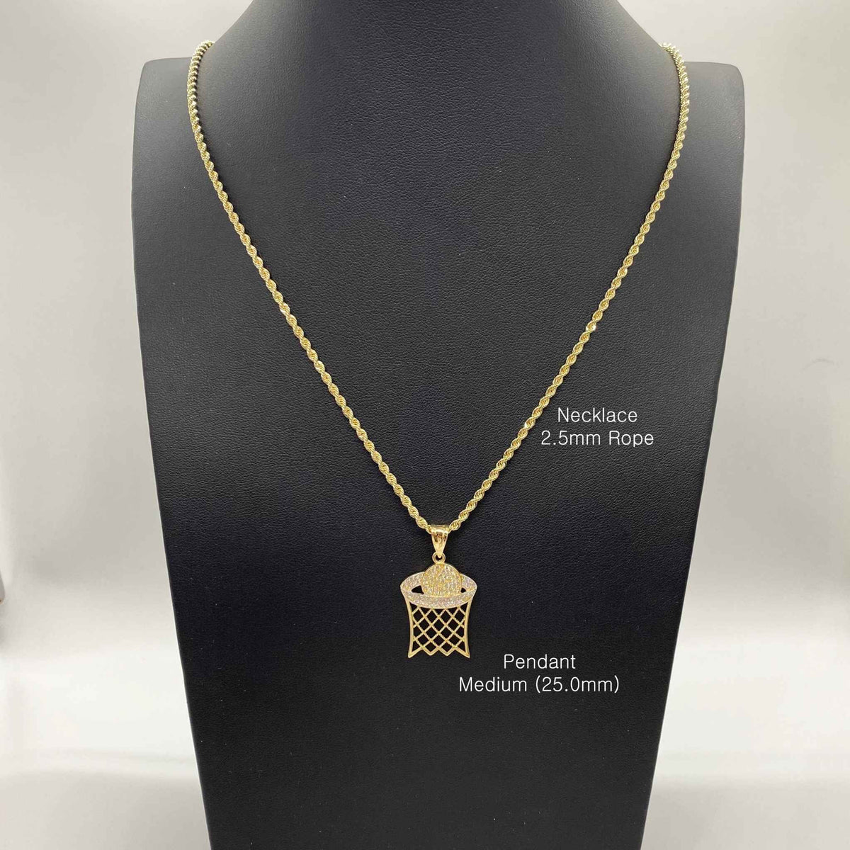 Gold basketball hoop pendant on 2.5mm rope chain displayed on a black mannequin.