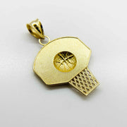 10k gold basketball hoop charm pendant featuring a detailed backboard, net, and ball design.