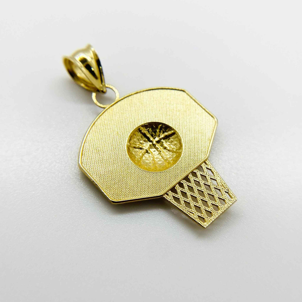 10k gold basketball hoop charm pendant featuring a detailed backboard, net, and ball design.