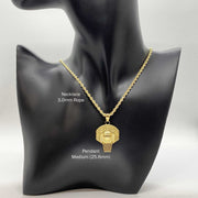 Medium 25.6mm 10k gold basketball hoop pendant featured on a 3.0mm rope chain on a jewelry bust.