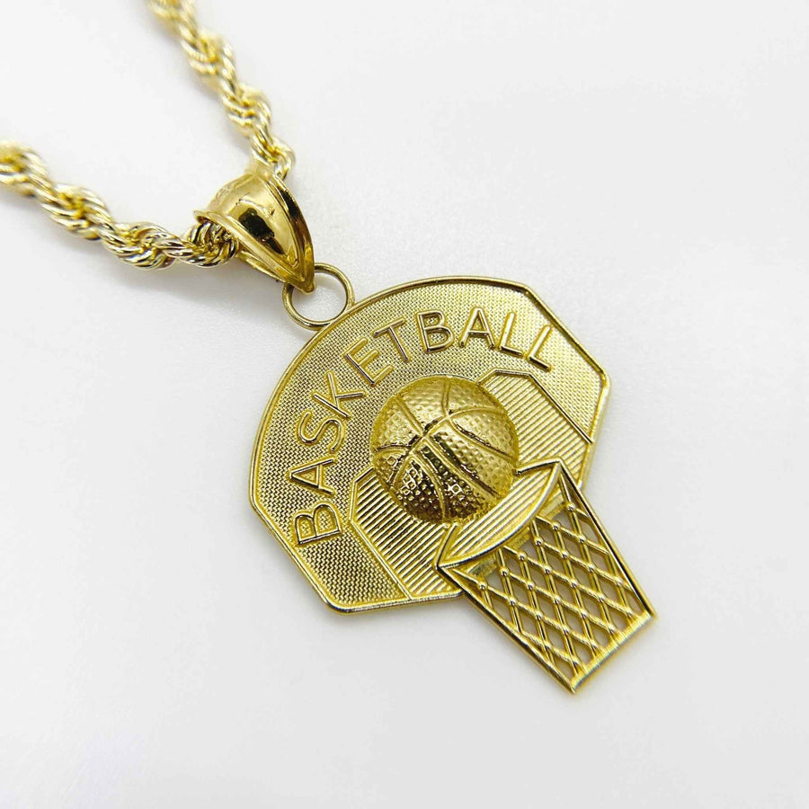 10k gold basketball hoop and backboard charm pendant displayed on a gold rope chain necklace.