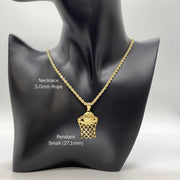 Small 10k gold basketball hoop pendant on a 3.0mm rope chain displayed on a black mannequin bust.