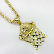 10k solid yellow gold basketball hoop and net pendant charm on a rope chain.
