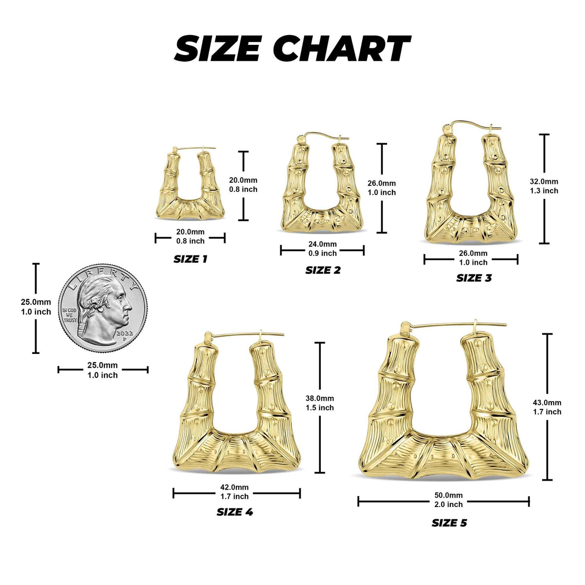 Size chart displaying five 10k gold bamboo square hoop earring sizes with measurements and a coin for scale.