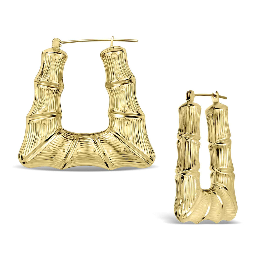 Two polished 10k yellow gold bamboo-textured square hoop earrings displayed against a white background.