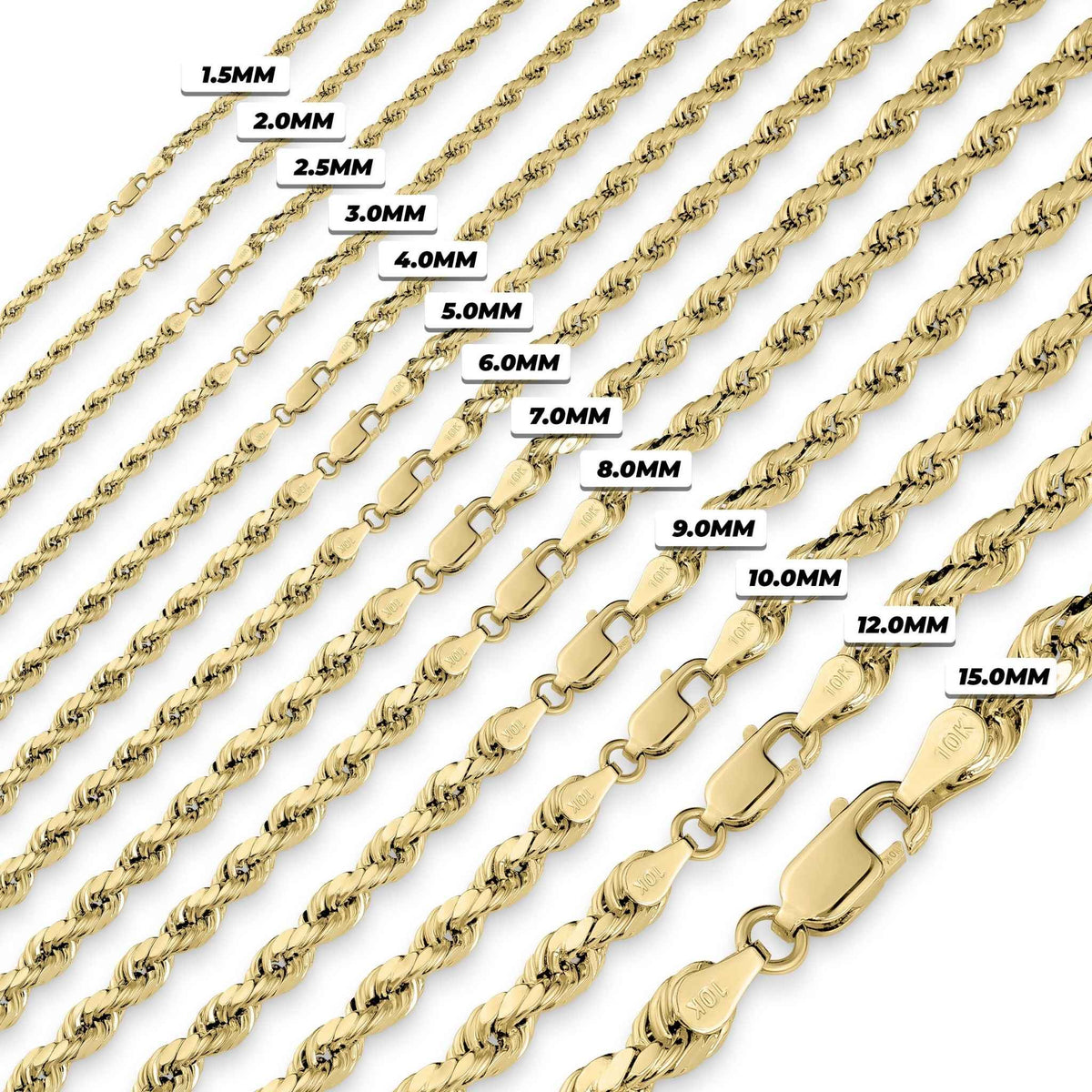 Twelve 10k yellow gold diamond-cut rope chains displayed diagonally with width labels on white
