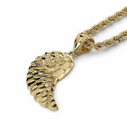 Angled view of a 10k gold diamond-cut guardian angel wing pendant on rope chain.