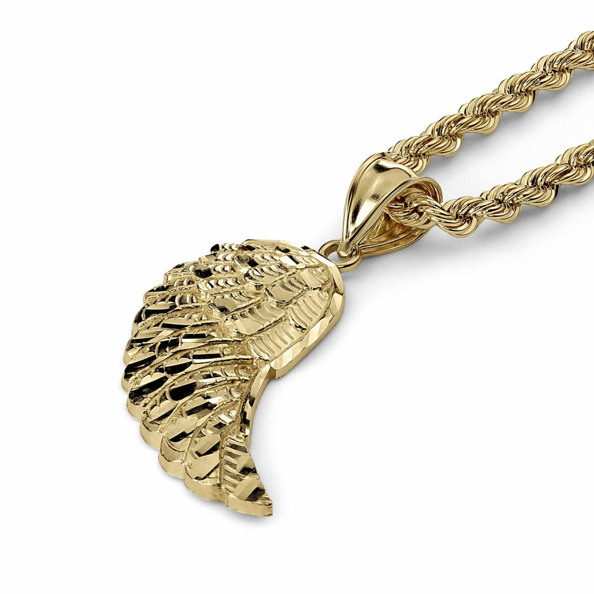 Angled view of a 10k gold diamond-cut guardian angel wing pendant on rope chain.