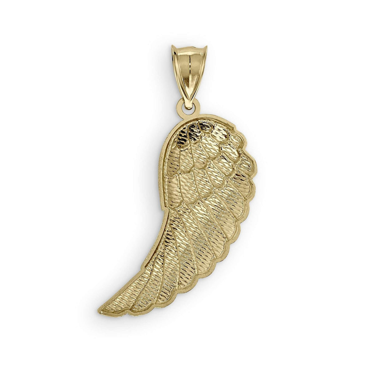 Reverse side close-up of 10k gold classic guardian wing charm pendant.
