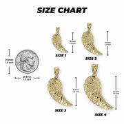 Size chart graphic comparing Size 1 through Size 4 gold angel wing pendants with a quarter.