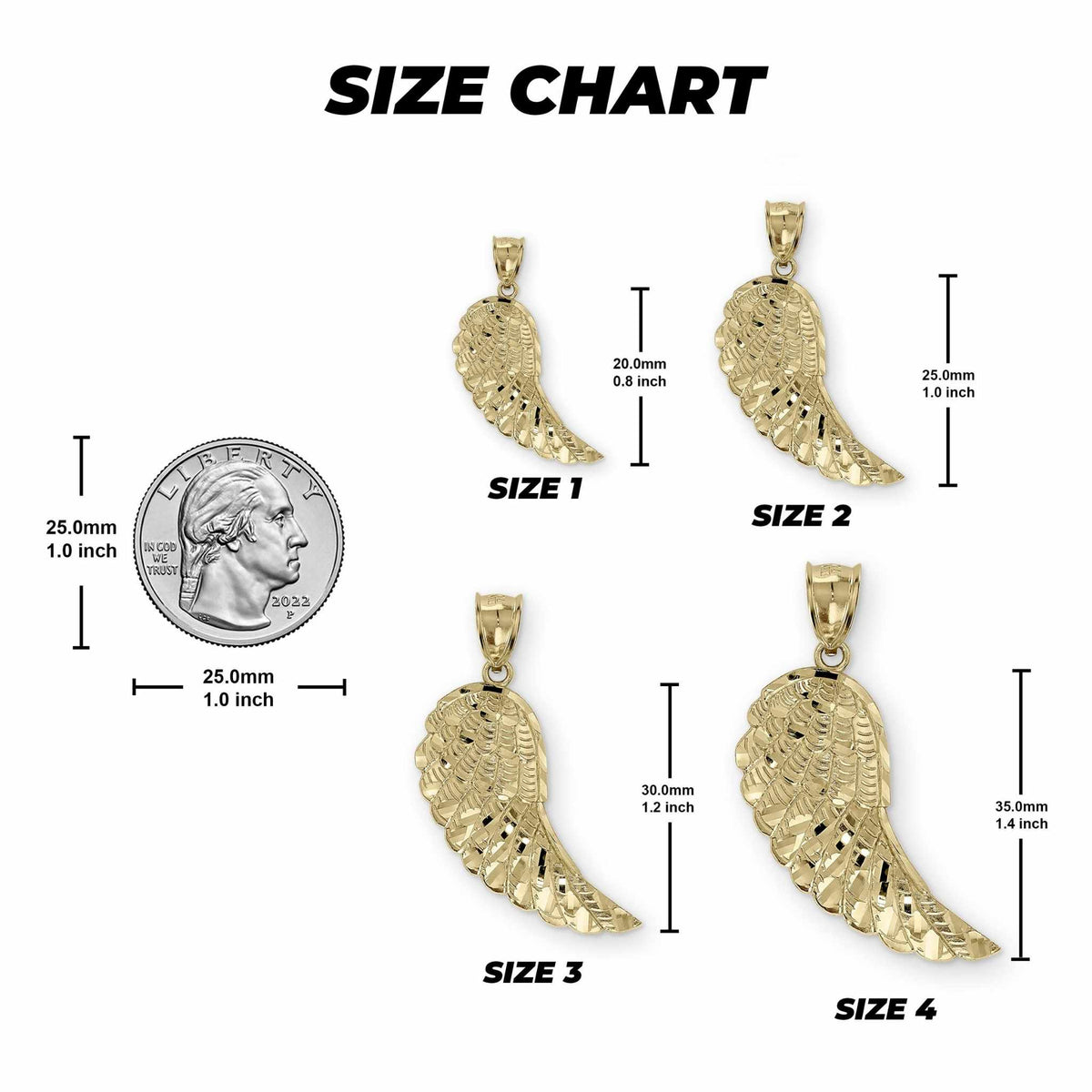 Size chart graphic comparing Size 1 through Size 4 gold angel wing pendants with a quarter.