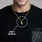 Model wearing Size 1 (20.0mm) 10k gold guardian angel wing pendant on rope chain.