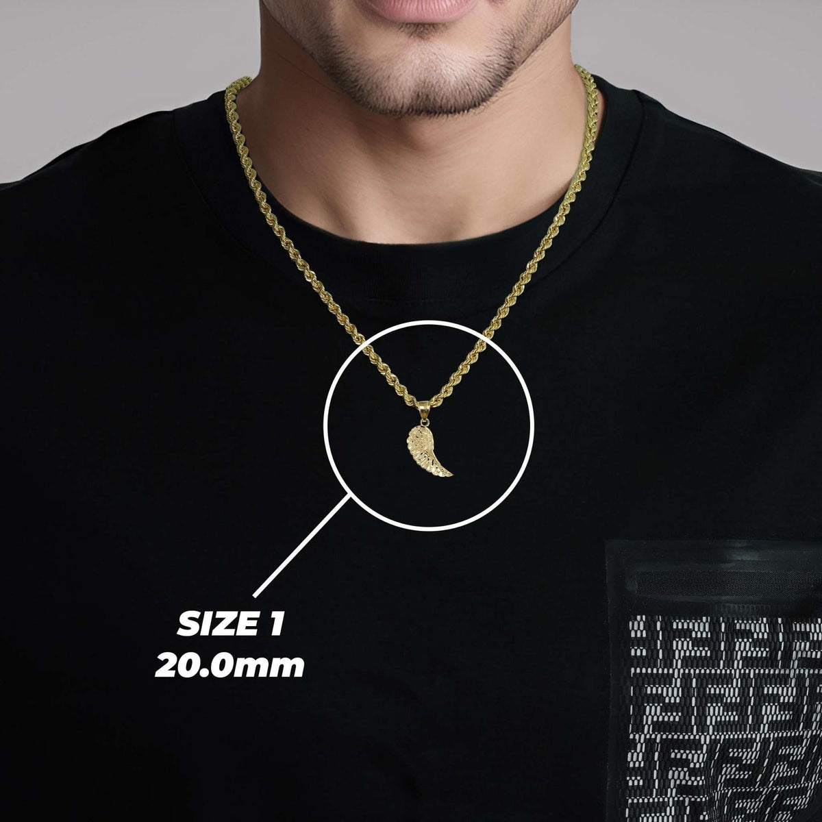 Model wearing Size 1 (20.0mm) 10k gold guardian angel wing pendant on rope chain.