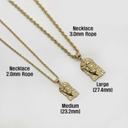 Medium and Large 10k gold Jesus Face pendants shown on 2.0mm and 3.0mm rope chains.