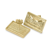 Pair of 10k gold rectangle stud earrings featuring a detailed Last Supper relief design.