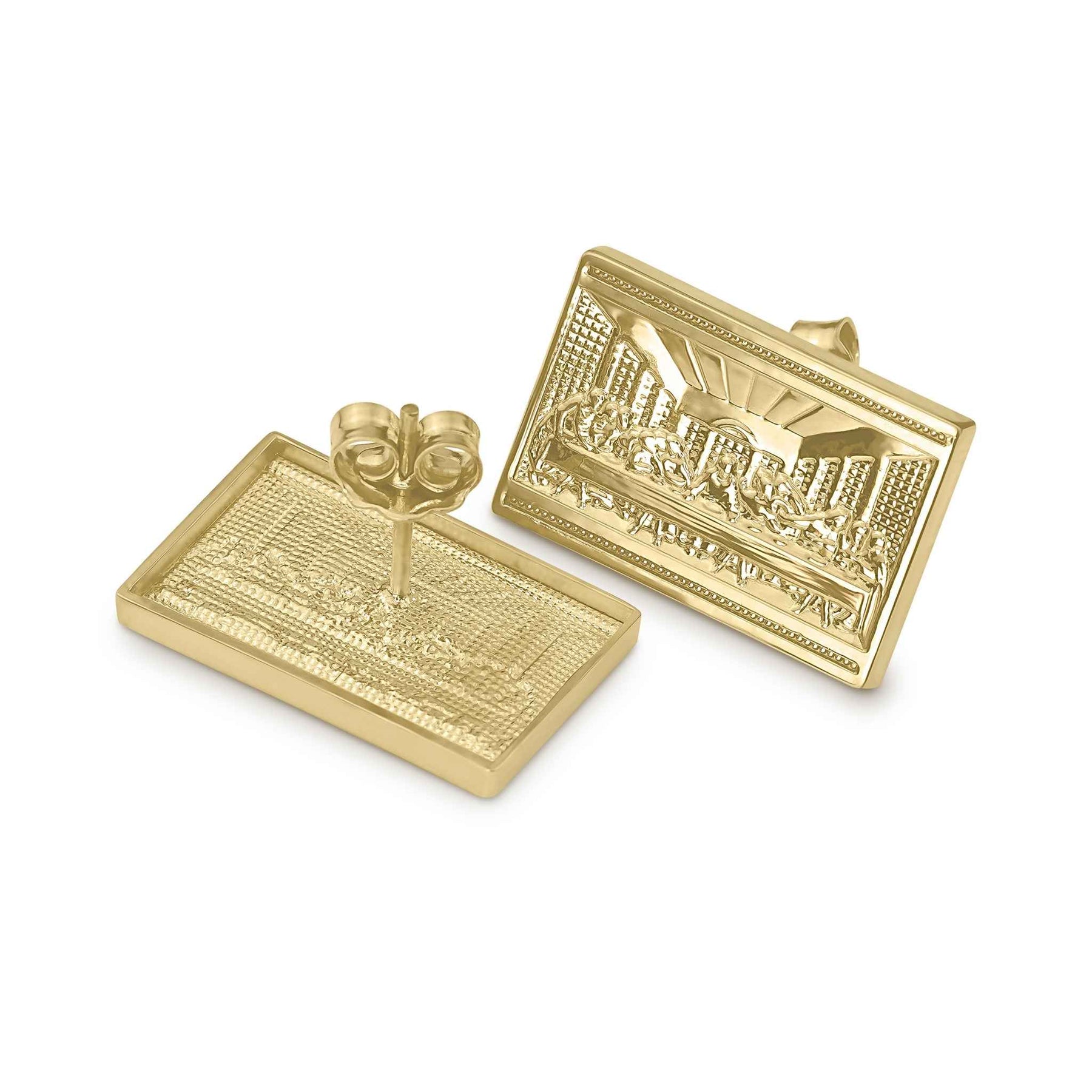 Pair of 10k gold rectangle stud earrings featuring a detailed Last Supper relief design.