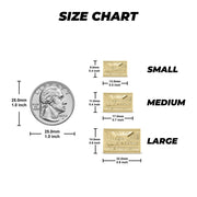 Size guide for Last Supper earrings comparing small, medium, and large sizes against a coin.