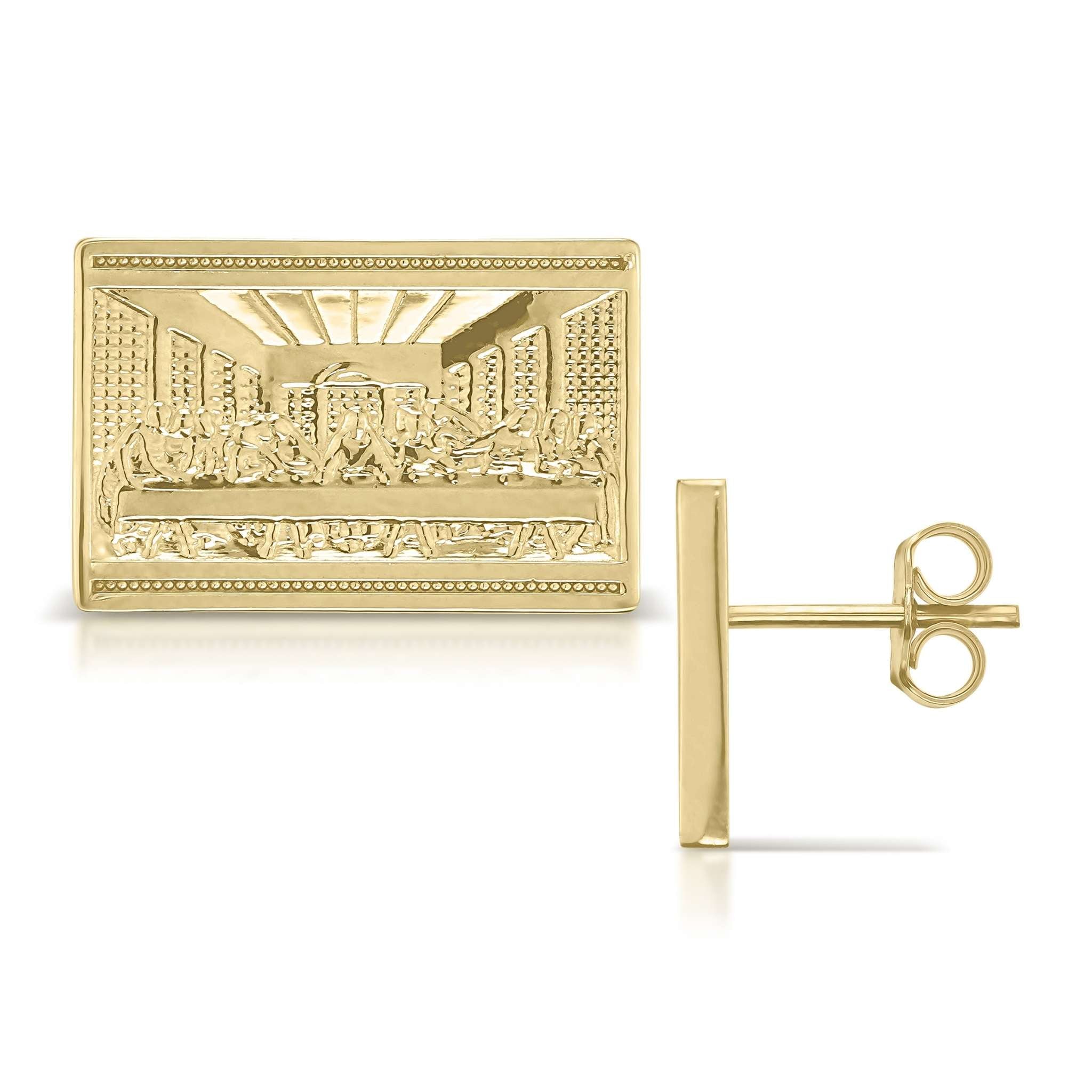 Detailed yellow gold stud earrings featuring a Last Supper relief design on a white background.