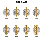 Classic Miami Cuban chain size chart comparing link thicknesses from 3.0mm to 11.0mm against coins.
