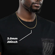 Man wearing a 3.0mm width 20-inch 10k gold solid Classic Miami Cuban chain necklace.