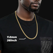 Man wearing a 7.0mm width 26-inch 10k gold solid Classic Miami Cuban chain necklace.