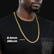 Man wearing an 8.0mm width 28-inch 10k gold solid Classic Miami Cuban chain necklace.