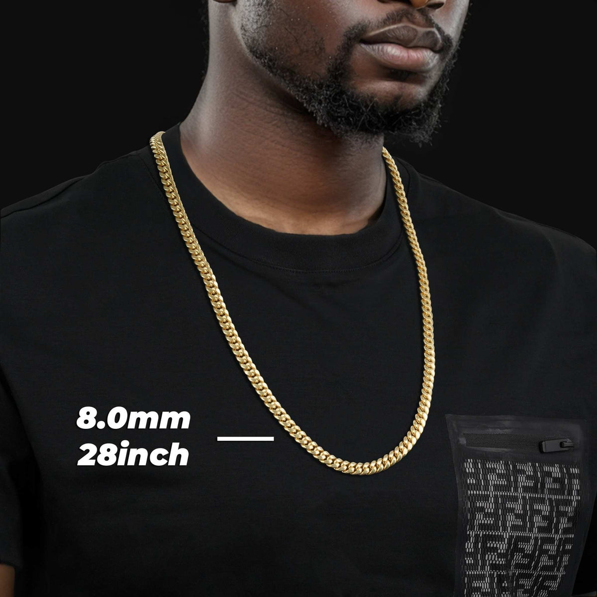 Man wearing an 8.0mm width 28-inch 10k gold solid Classic Miami Cuban chain necklace.
