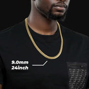 Man wearing a 9.0mm width 24-inch 10k gold solid Classic Miami Cuban chain necklace.