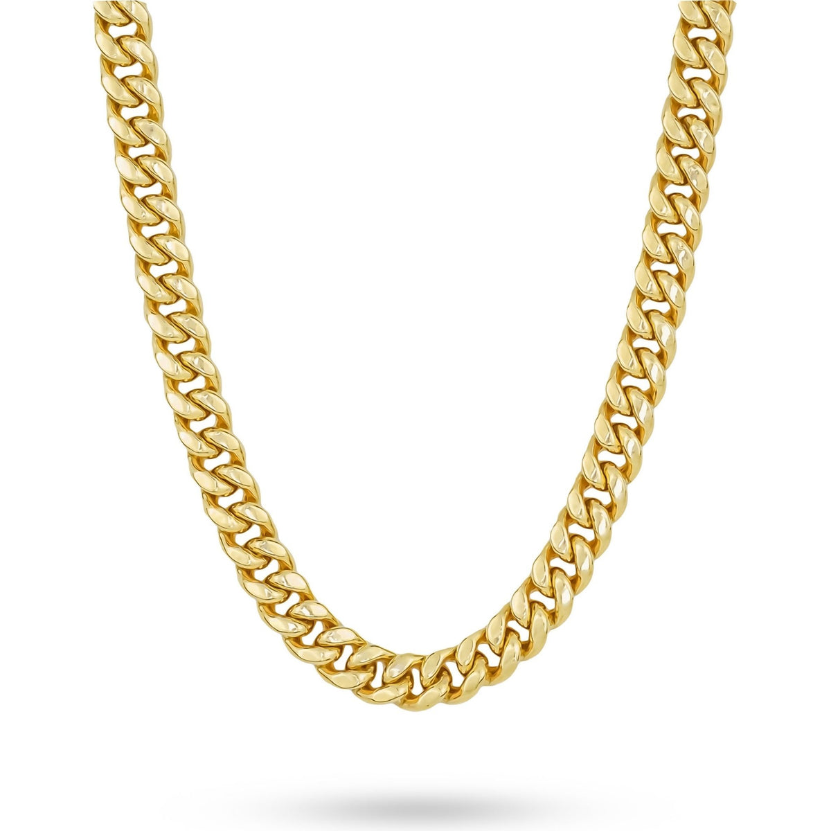10k solid yellow gold Classic Miami Cuban link chain necklace displayed on a white background.