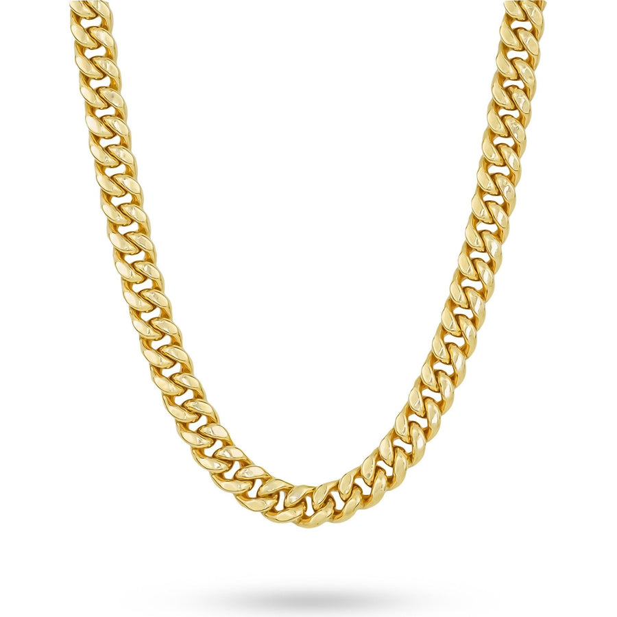 10k solid yellow gold Classic Miami Cuban link chain necklace displayed on a white background.
