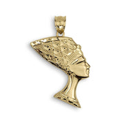 Isolated side profile shot of 10k gold Queen Nefertiti pendant charm with intricate relief design.