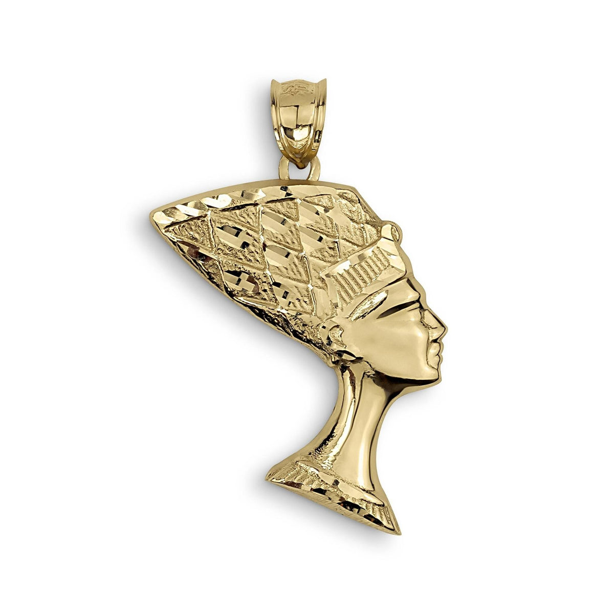 Isolated side profile shot of 10k gold Queen Nefertiti pendant charm with intricate relief design.