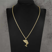 Profile shot of 10k gold Queen Nefertiti pendant necklace on a jewelry bust.