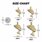 Dimensions breakdown for 10k gold Queen Nefertiti pendants ranging from Size 1 to 4.