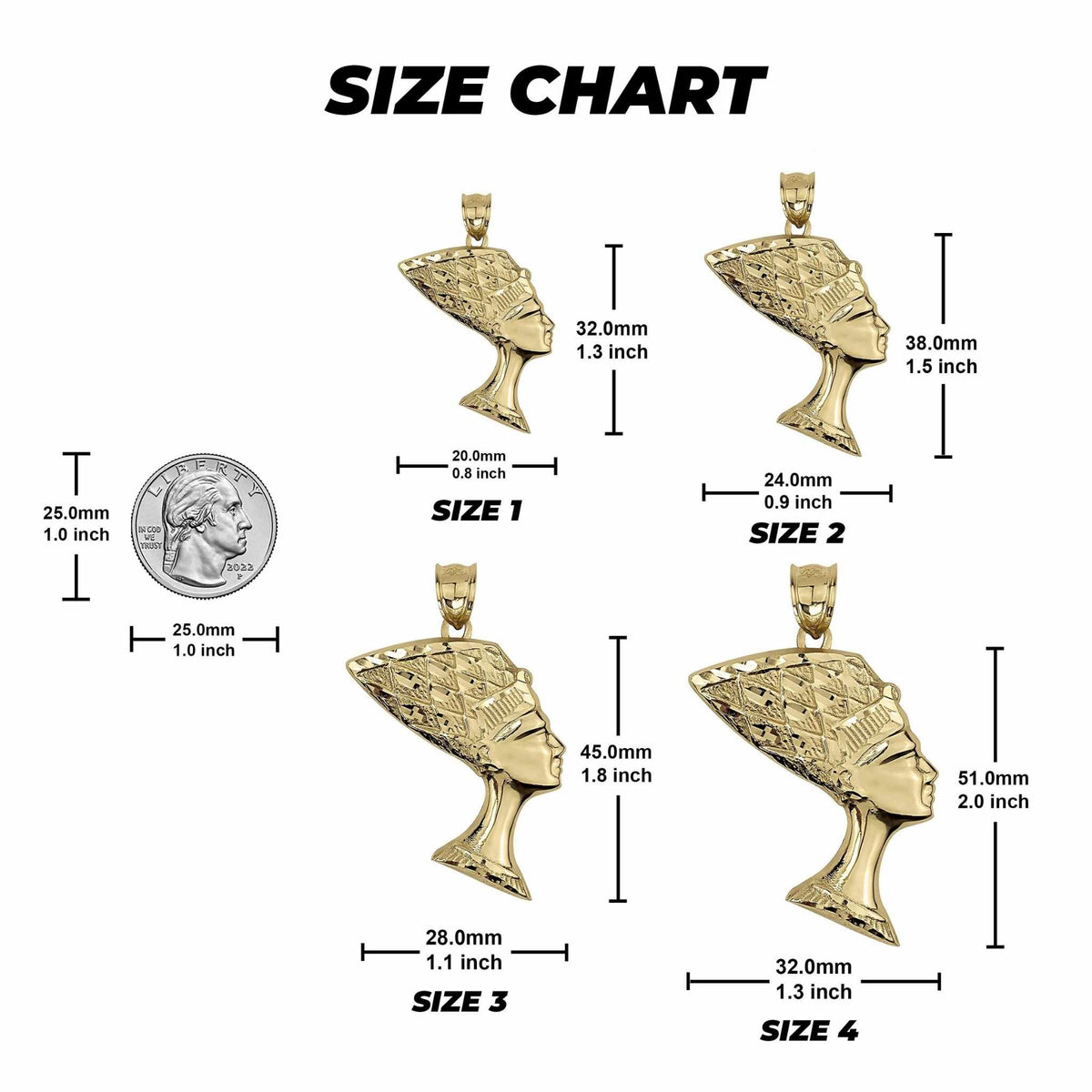 Dimensions breakdown for 10k gold Queen Nefertiti pendants ranging from Size 1 to 4.