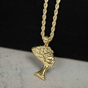 10k yellow gold Queen Nefertiti Egyptian bust pendant charm styled on a gold rope chain.