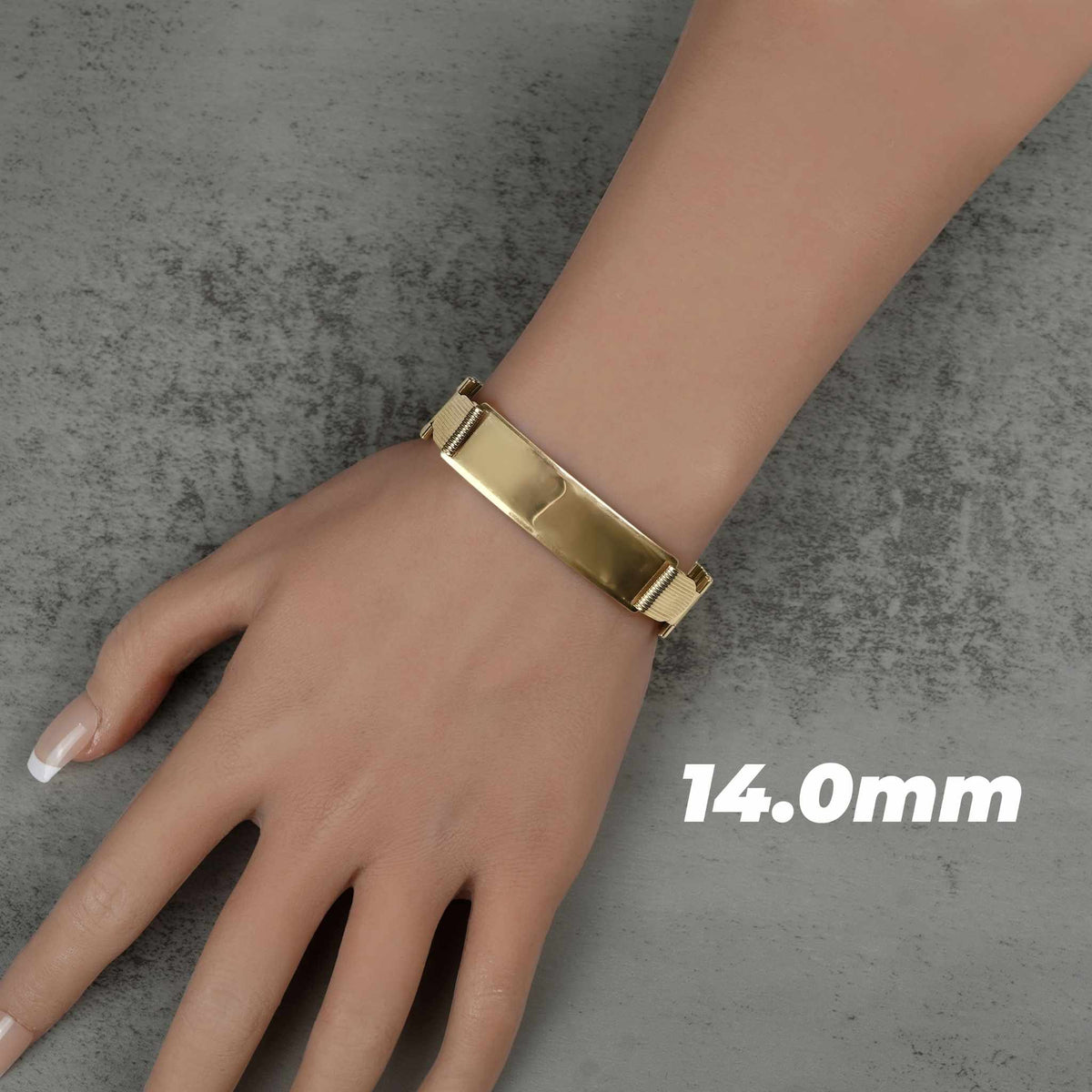 14.0mm 10k yellow gold classic Rollie chain personalized ID bracelet on wrist.