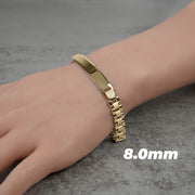8.0mm 10k yellow gold classic Rollie link ID bracelet on wrist.