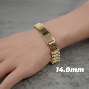 14.0mm 10k yellow gold classic Rollie link ID bracelet on wrist.