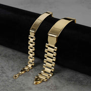Close-up of 10k yellow gold classic Rollie link personalized ID bracelets showing different width options.