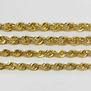 Comparison of 10k yellow gold rope chain link sizes on a plain background.
