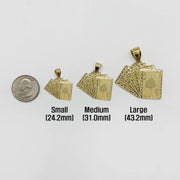 Size comparison of Small, Medium, and Large 10k gold Royal Flush pendants beside a quarter.