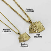Medium and Large 10k gold Royal Flush pendants on 2.2mm and 4.3mm rope chains.