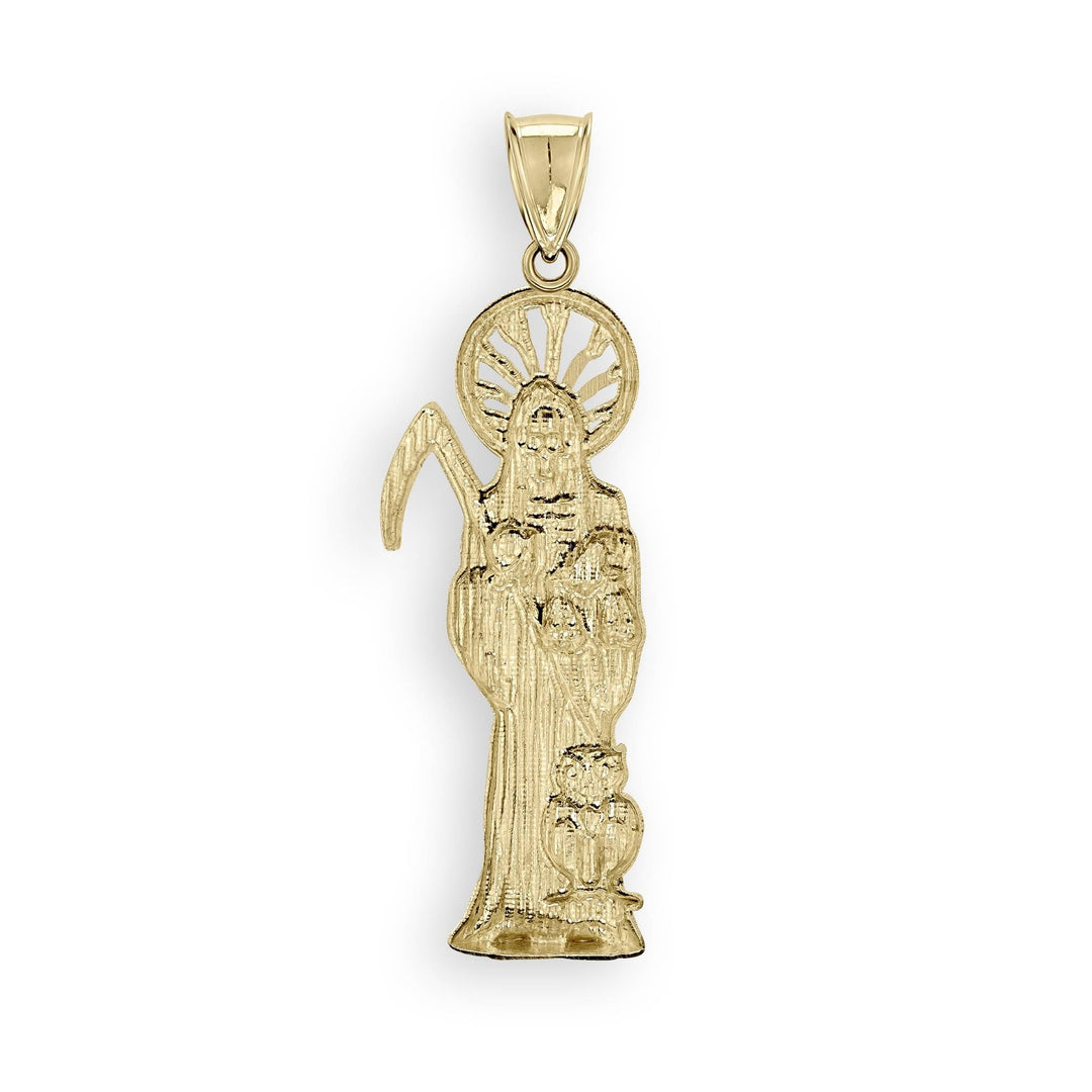 Back view of the 10k Gold Classic Santa Muerte n Owl Pendant showing a flat, smooth, and polished gold surface.