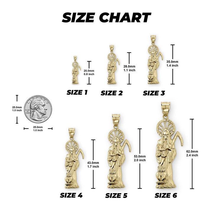 Size chart graphic displaying six gold pendant options with millimeter and inch measurements.