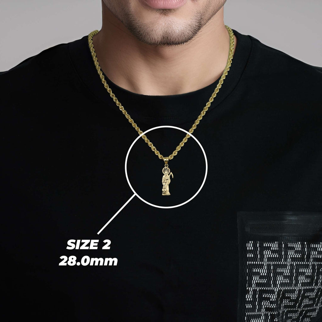 Man wearing Size 2 10k Gold Classic Santa Muerte n Owl Pendant on a chain.