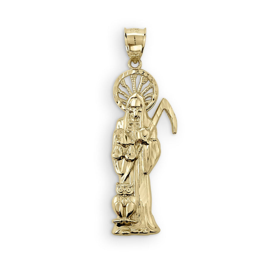 Front view of the 10k gold classic Santa Muerte and owl pendant against a clean white background.