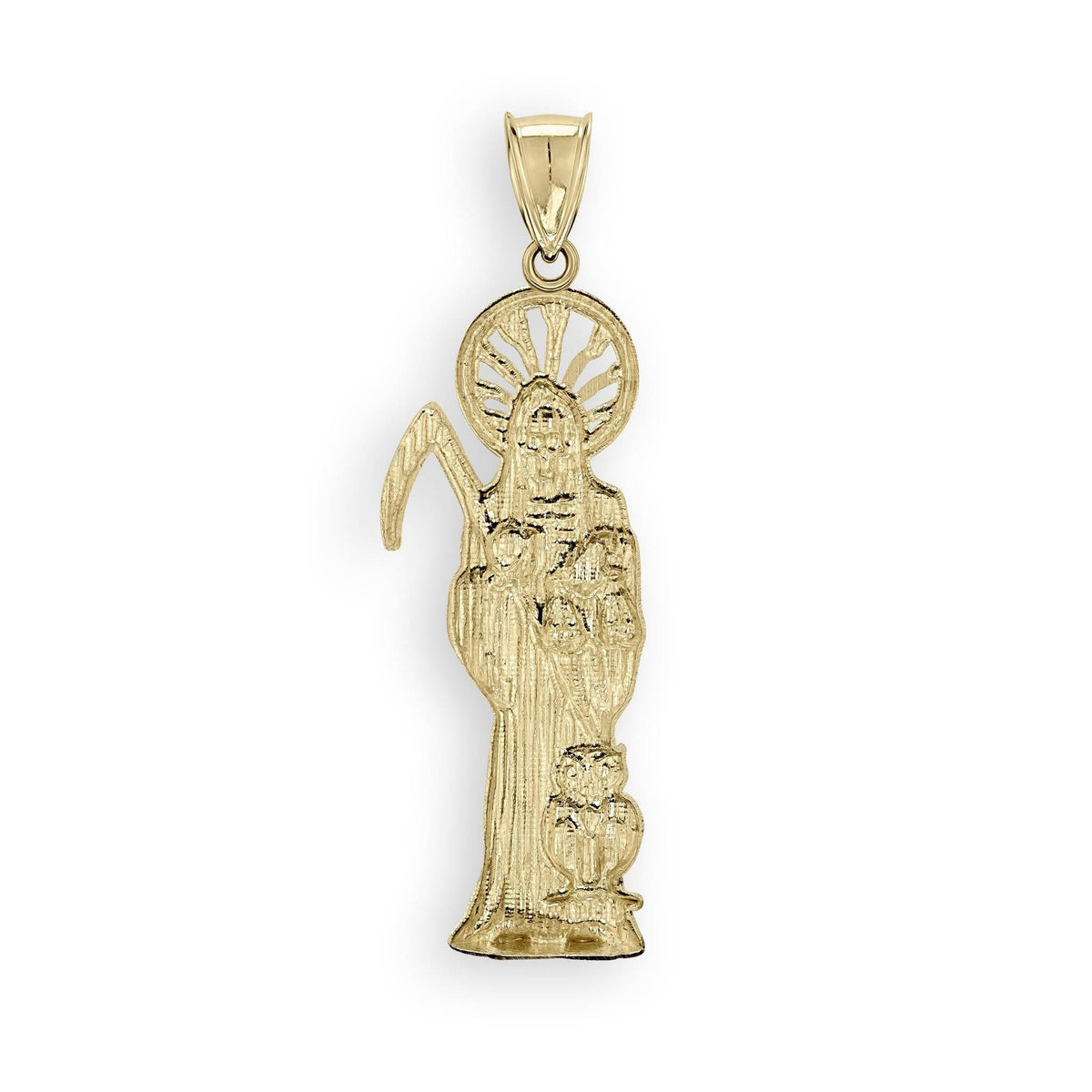 10k solid yellow gold Santa Muerte grim reaper owl charm pendant isolated on white