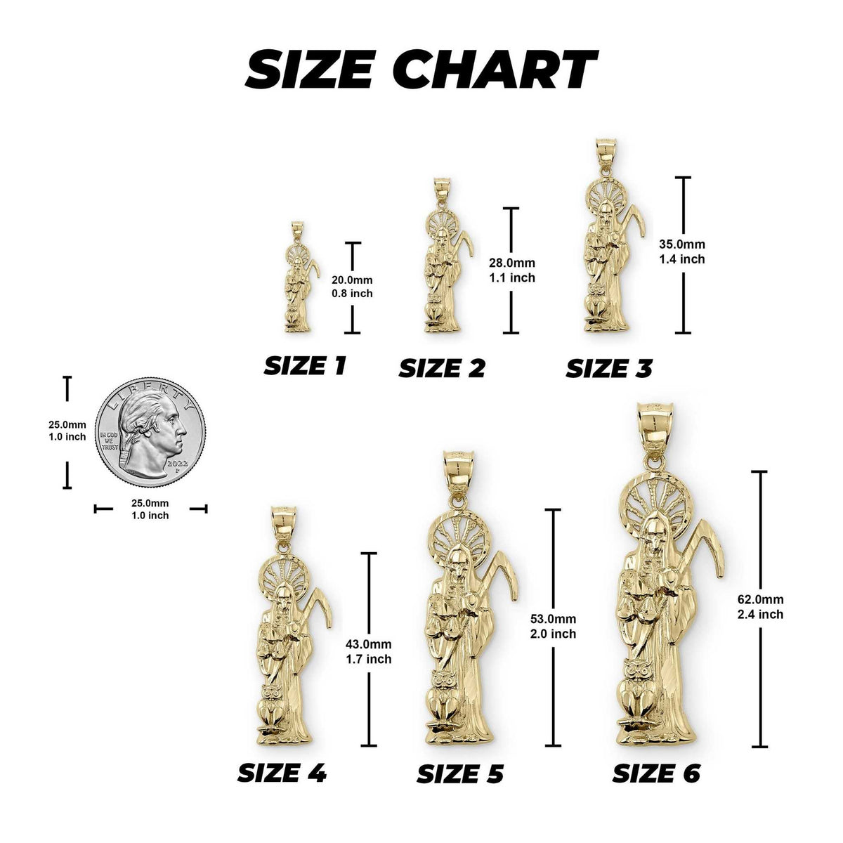 Gold Santa Muerte pendant size guide displaying Sizes 1 to 6 with millimeter and inch measurements
