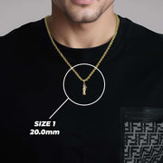 Model wearing Size 1 20mm 10k yellow gold Santa Muerte grim reaper owl pendant necklace.